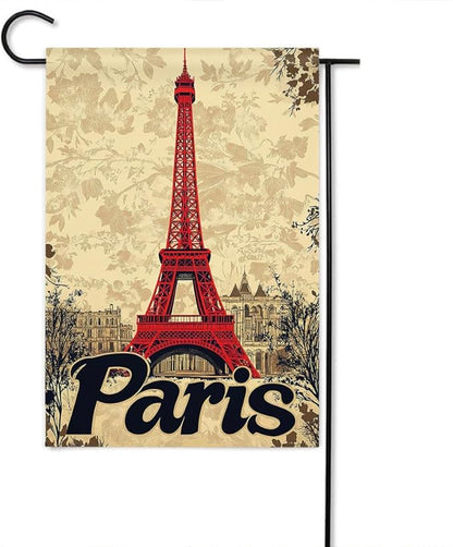 Gkyygk Paris Eiffel Tower Welcome Garden Flag Vintage Floral 12x18 Inch Double Sided Small Burlap Banners Yard House Seasonal Farmhouse Home Decor for Men Women