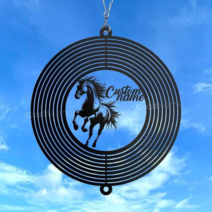 Personalized Horse Metal Wind Spinner, Custom Hanging Ornament for Outdoor Display, Kinetic Yard Sculpture, Equestrian Gift (Horse Garden Wind Spinner)
