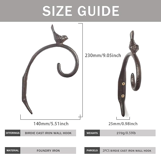 2Pcs Cast Iron Wall Hanging Plant Bracket,Bird Wall Metal Plant Hangers Cast Iron Plant Hanger Decoration for Flower Basket Bird Feeder Wind Chimes Planters