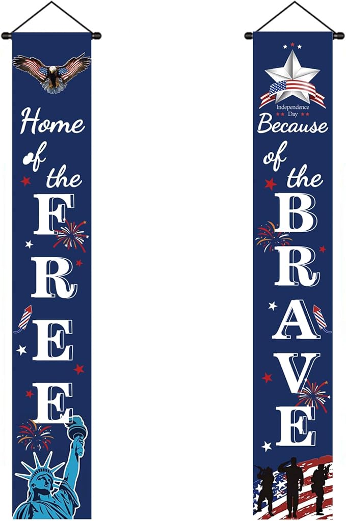 4th of July Patriotic Banner Decor - Independence Day Porch Sign - Memorial Day Hanging Banners Porch Decorations for Front Door Outside Yard Garden Party Supplies
