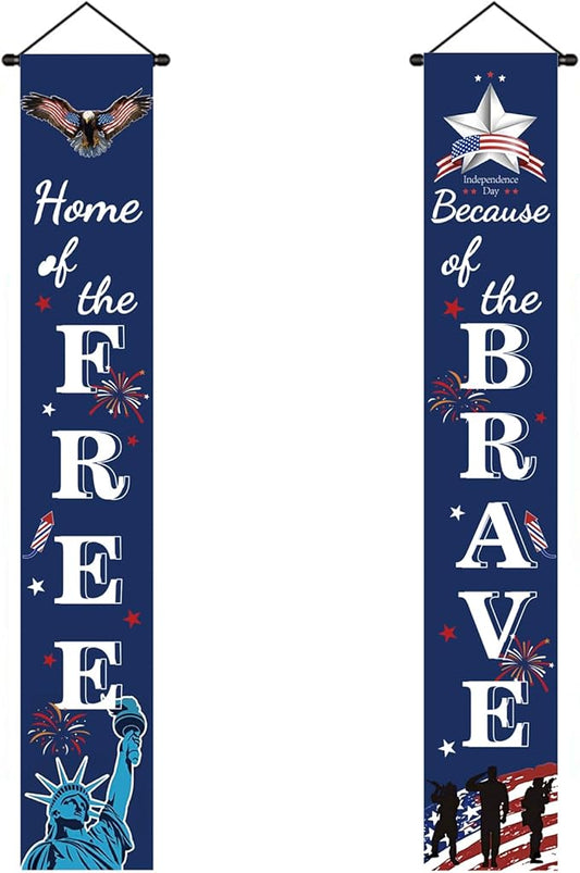 4th of July Patriotic Banner Decor - Independence Day Porch Sign - Memorial Day Hanging Banners Porch Decorations for Front Door Outside Yard Garden Party Supplies