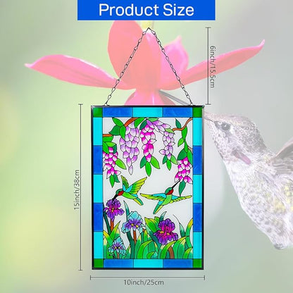 Viveta Hummingbird Stained Glass Window Hanging, Stained Suncatchers for Window, Hand-Painted Glass Panels with Chain, Gift for Mom Grandma Christmas Decor 10 * 15"