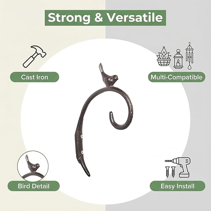 Z metnal Cast Iron Plant Hanger - 5.2 inch Little Bird Rustic Wall Mounted Hanging Basket Holder for Outdoor Garden, Patio, Porch Decor - Heavy Duty Metal Hook Bracket, 2 pcs