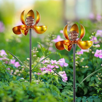 Metal Wind Spinners Outdoor,2Pack Yellow Pinwheels for Yard and Garden, Decorative Garden Stakes for Patio,Lawn, Outdoor