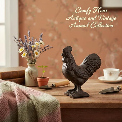 Comfy Hour 3.5" Cast Iron Rooster Figurine, Rustic Farmhouse Kitchen Decor, Vintage Brown Chicken Statue for Indoor Outdoor Garden Shelf Mantel, Country Home Office Ornament, 1 pc