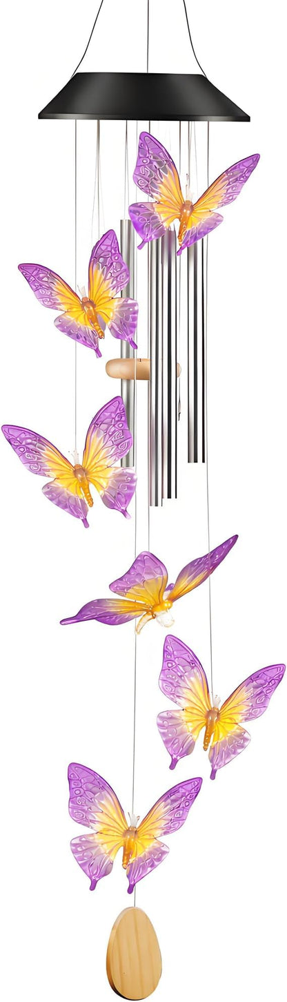 36” Butterfly Aluminum Tube Solar Light LED Wind Chime for Outside, Weather Resistant Decoration Outdoor Garden Patio Soft Tone Decor, Gift for Birthday, Mother's Day, Relaxation