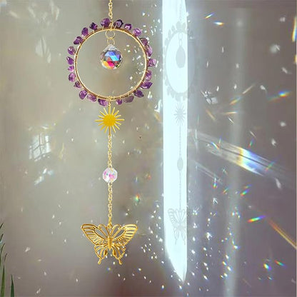 Natural Amethyst Crystal Suncatcher, Sun Catcher Hanging for Car, Butterfly Suncatchers for Windows，Spiritual, Rainbow Maker, Home Decor