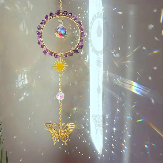 Natural Amethyst Crystal Suncatcher, Sun Catcher Hanging for Car, Butterfly Suncatchers for Windows，Spiritual, Rainbow Maker, Home Decor