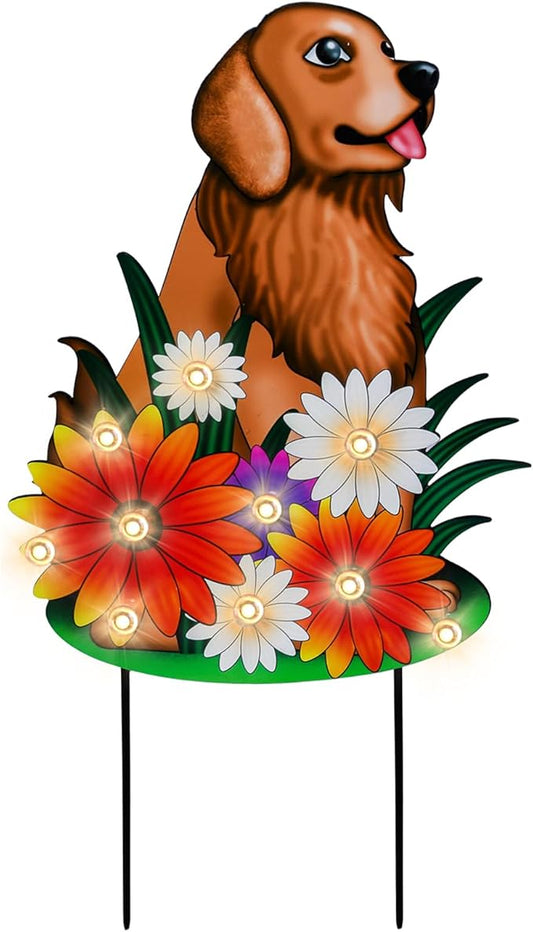 WONDER GARDEN Decorative Garden Stakes - Lighted Dog and Flower Yard Sign Stakes Spring Signs for Outdoor, Porch, Yard,Flower Bed Decor