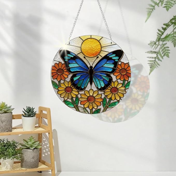 Butterfly Acrylic Window Hanging Suncatcher, Yellow Flower Window Wall Art, Butterfly Suncatchers for Windows Doors Home Decoration, Housewarming, Festival, Birthday Gift for Women