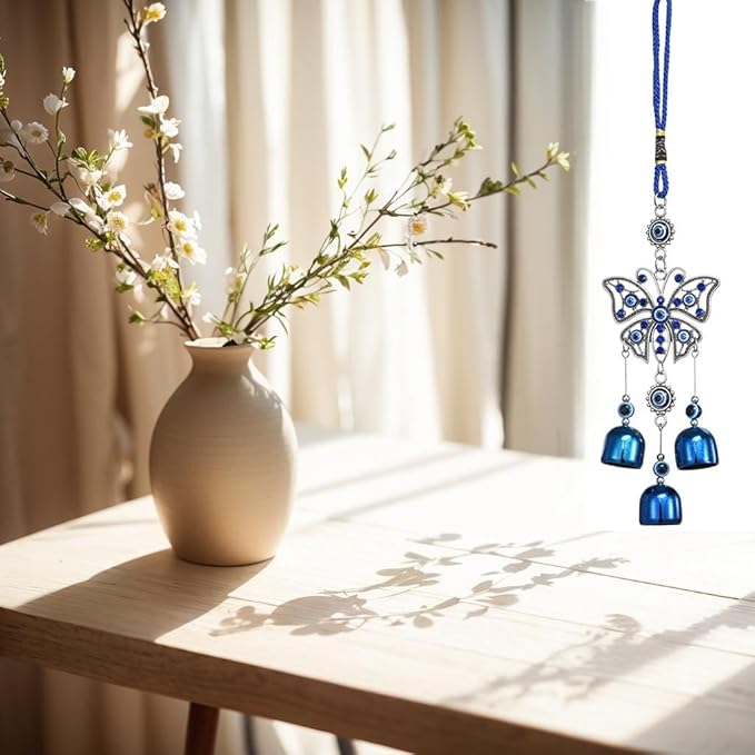 Creative Handmade Alloy Wind Chime Evil Eye Butterfly Sunflower Talisman Pendant Handmade Good Luck Charm, Car Kitchen Home Garden Patio Office (1pc Butterfly Blue Eye)