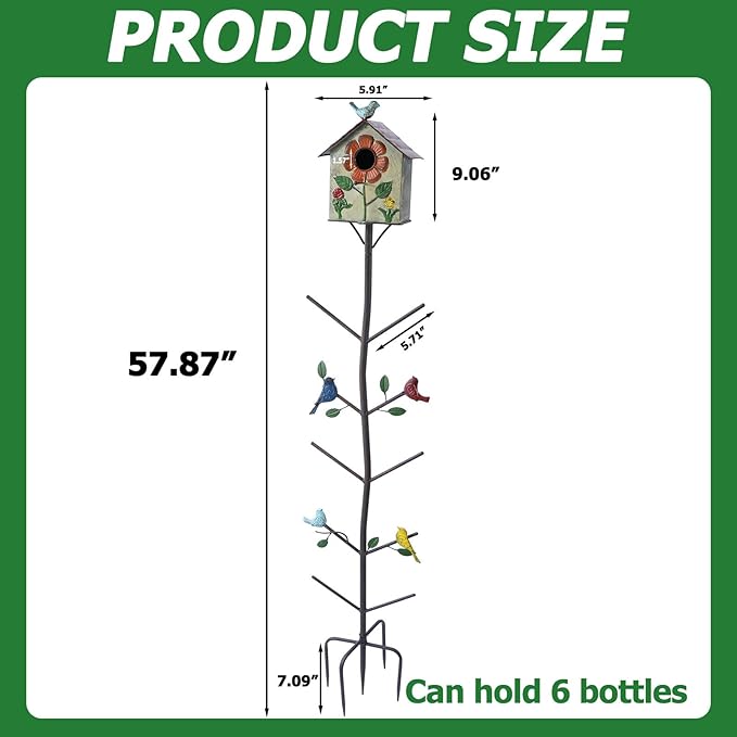 Multifunctional Metal Bird House Glass Bottle Tree Stake for Outdoor Colorful Garden Decorative Bottle Holder & Outdoor