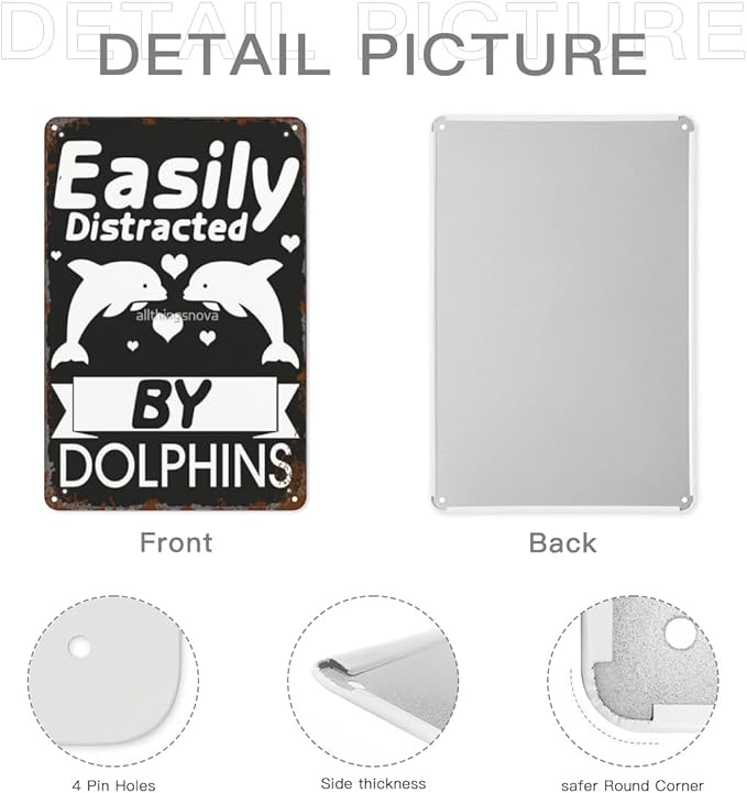patio wall decor Easily Distracted by Dolphins Dolphins Lover retro signs metal vintage Dining Room Indoor & Outdoor Wall Decor Cute,Funny,Inspiring Plaques for Home,Office,Yard,Bathroom 8X12inch