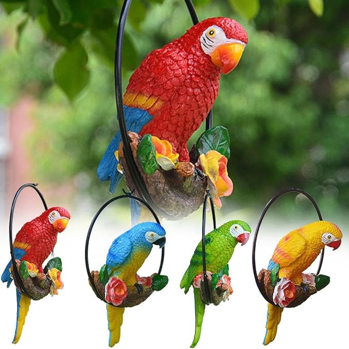 Lifelike Parrot Garden Statues,Resin Parrot Hanging Garden Decor Swing Figurine Ornaments,Parrot Statues for Outside Realistic Bird Sculptures Garden Patio Yard Lawn Figurines for Tree Wall (s4)