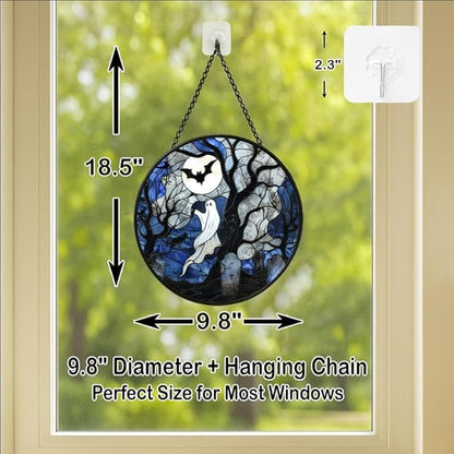 Stained Glass Window Hanging - 9.8in Spirits, Cat and Full Moon Graveyard Scene Sun Catchers Panel for Indoor Decorative Display for Mom, Wife, Lovers, Festive