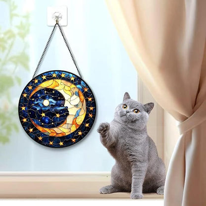 Funoasis Stained Glass Window Hanging 6.3 Inches Suncatcher - A Corner of The Starry Sky and Yellow Pentagram Ornaments Sun Catcher Home Decor Women Birthday