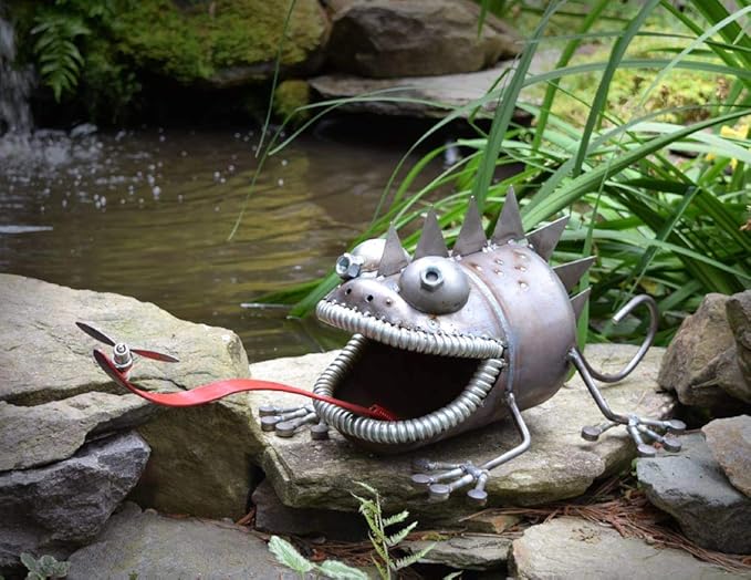 Modern Artisans Crazy Chameleon Lizard Reclaimed Metal Garden Sculpture with Bouncy Tongue, American Made, 30"
