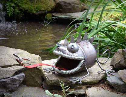 Modern Artisans Crazy Chameleon Lizard Reclaimed Metal Garden Sculpture with Bouncy Tongue, American Made, 30"