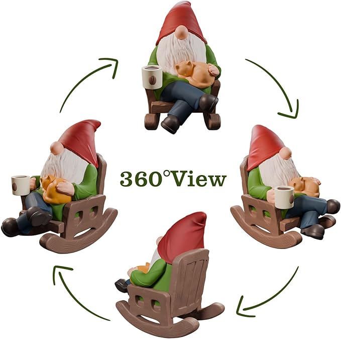 Drinking Coffee Garden Gnomes Statue Decoration, Rocking Chair Garden Gnomes Figurine Ornament for Indoor Outdoor Home Patio Yard Lawn Ourside