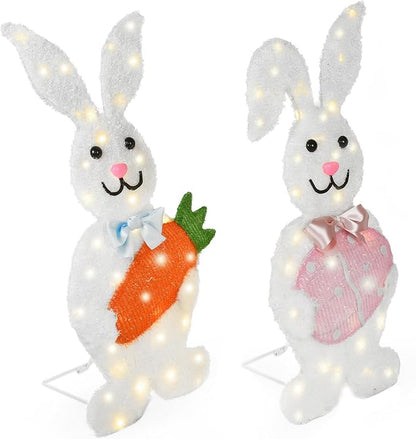 Outdoor Easter Bunny Yard Decorations, Lighted Metal Bunny Decor Set of 2, 30 Inch, Plug-in Pre-Lit LEDs for Lawn Garden Front Porch
