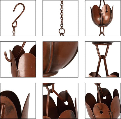 6ft Rain Chain for Gutters Durable Antique Copper Rain Chains for Outside with 17 Large Lotus Cups Decorative Rain Catcher Chain Downspout Replacement for Outdoor Drainage & Eaves