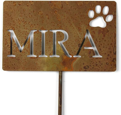 Classic Metal Garden Markers Clearance Items 20 to 33 Inches Tall (MIRA + paw print, Naturally Rusted)