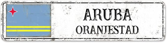 Personalized Aruba Street Sign Aruba Flag Metal Sign Capital City of Aruba Metal Sign Road Vintage Metal Wall Art Rustic Country City Indoor & Outdoor Decor for Home Man Cave Door Porch 24x6inch