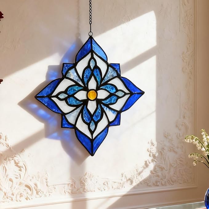 Stained Glass Window Hangings, Tiffany Style Window Panel Suncatchers Blue Art Flower