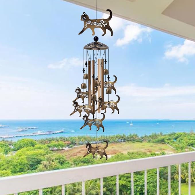 Outdoor Cats Wind Chimes Gifts for Mom - Bronze Memorial Wind Bells, Mobile Sympathy Wind Catcher, Romantic Cat Decor, 7 Cats Windchimes for Home, Balcony, Tree, Festival, Garden Hanging Decoration