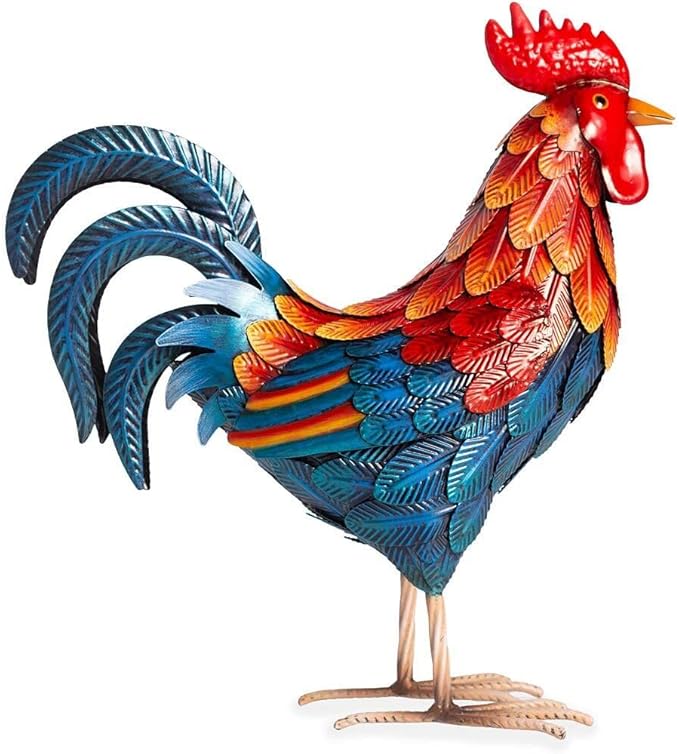 Wind & Weather Colorful Iron Rooster Garden Statue 14.5" W by 16" H by 6" D Rooster Statue for Garden, Patio, Porch, or Kitchen with Textured Feathers and Powder Coat Finish for Long-Lasting Color