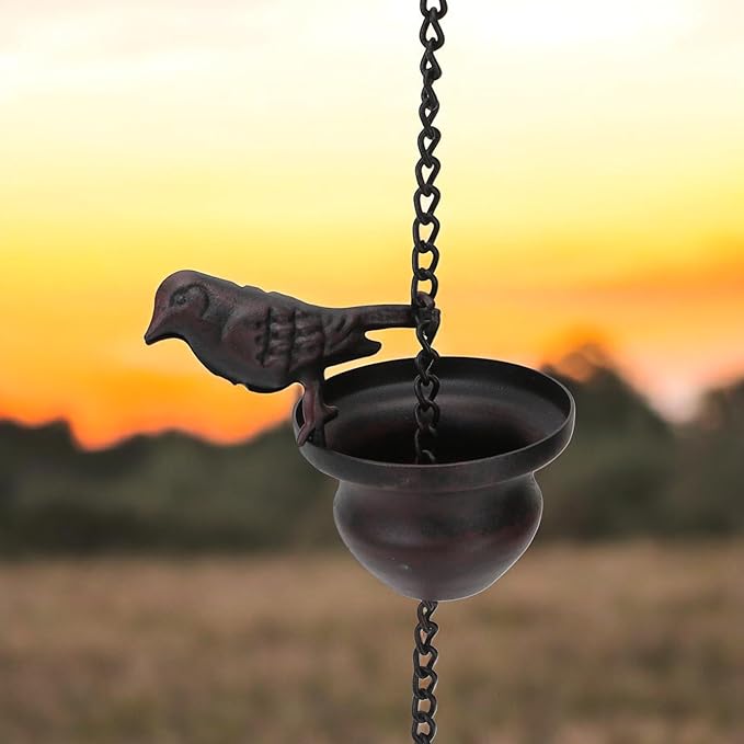 Vintage Bird Shaped Rain Chain Catcher – Decorative Hanging Gutter Chains for Outside Gutters, 8 Feet (About 2.4 Meters) with Attached Hanger, Drain Garden Mobile Birds Steering Wheel, Dark Bronze