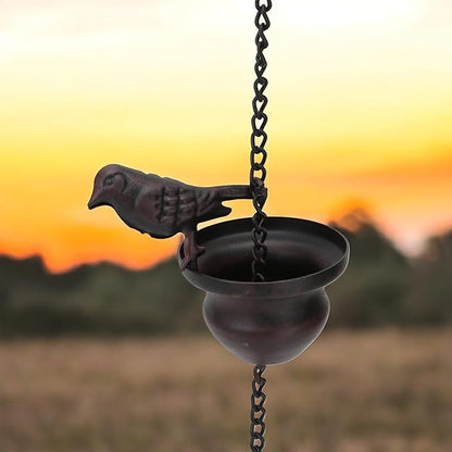 Vintage Bird Shaped Rain Chain Catcher – Decorative Hanging Gutter Chains for Outside Gutters, 8 Feet (About 2.4 Meters) with Attached Hanger, Drain Garden Mobile Birds Steering Wheel, Dark Bronze