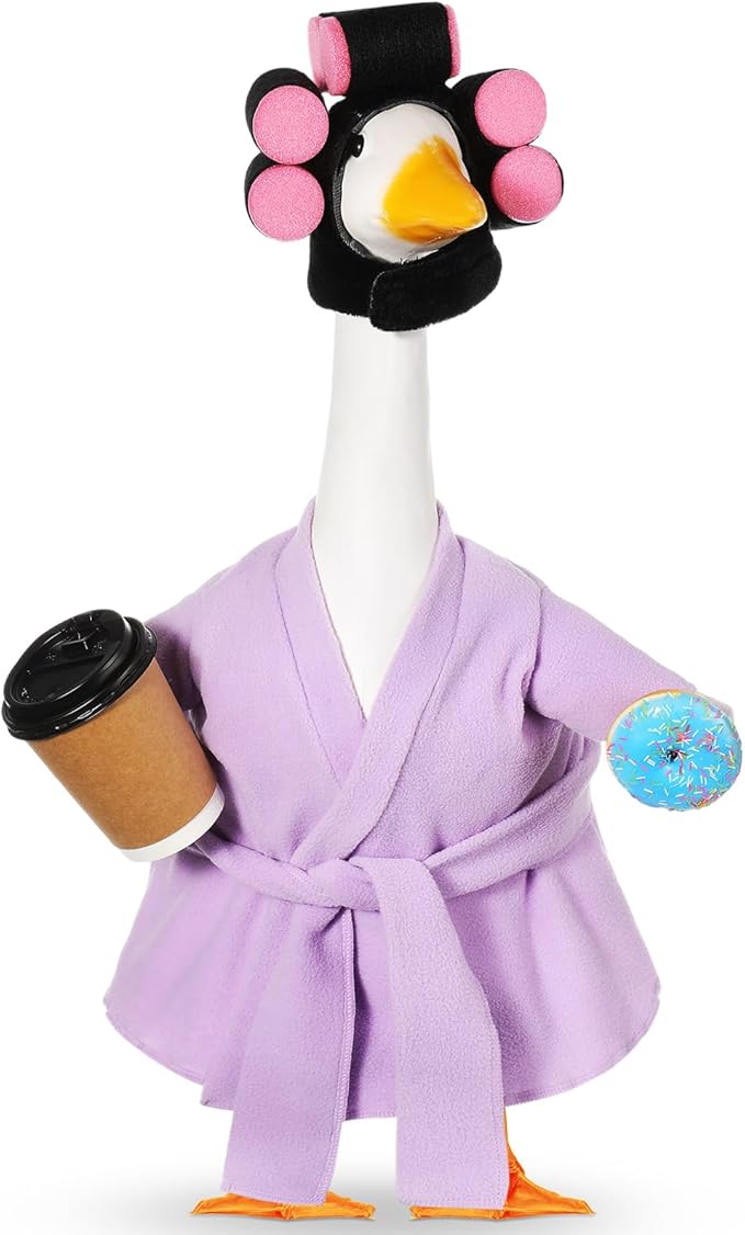 Shyyween Spring Lady Porch Goose Outfit for 23'' Cement Plastic Lawn Goose Summer Statue Clothes Bathrobe Coffee Cup Curlers for Outdoor Garden Yard Patio Decoration(Light Purple)