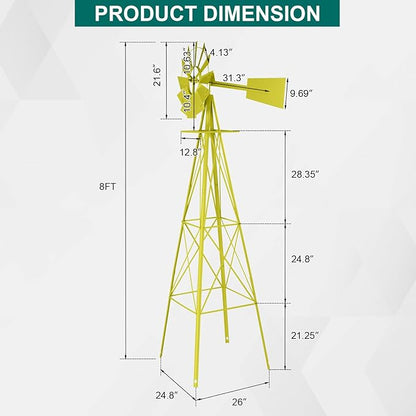 Metal Windmill for Garden Yard Decor, 8ft Tall Windmill Pinwheels Outdoor with Spinning Blades, Weather Vanes Lawn Ornaments, Weather-Resistant, Yellow