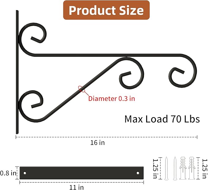 PROWORX 2 Pack 16 Inch Plant Hangers Outdoor Bracket, Indoor Wall Mount Metal Heavy Duty Rust-Resistant Bird Feeder Plant Hooks for Hanging Planters, Flower Baskets, Black