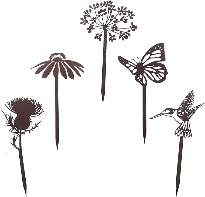 QAZXCDEW-Metal Flowers for Outside,Rusty Garden Decorative Stakes 5 Patterns for Deck, Garden Patio, Yard, Outdoor Decor-5pcs