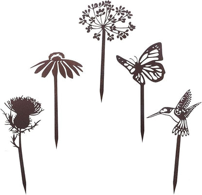 QAZXCDEW-Metal Flowers for Outside,Rusty Garden Decorative Stakes 5 Patterns for Deck, Garden Patio, Yard, Outdoor Decor-5pcs