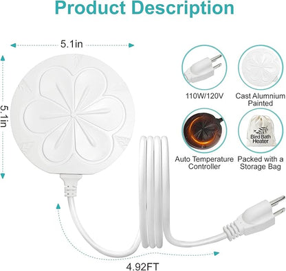 110W Bird Bath Heater for Outdoors in Winter, Submergible Cast Aluminum Chicken Water Heater with Thermostatically Controlled Bird Bath Deicer Pond Deicer for Livestock