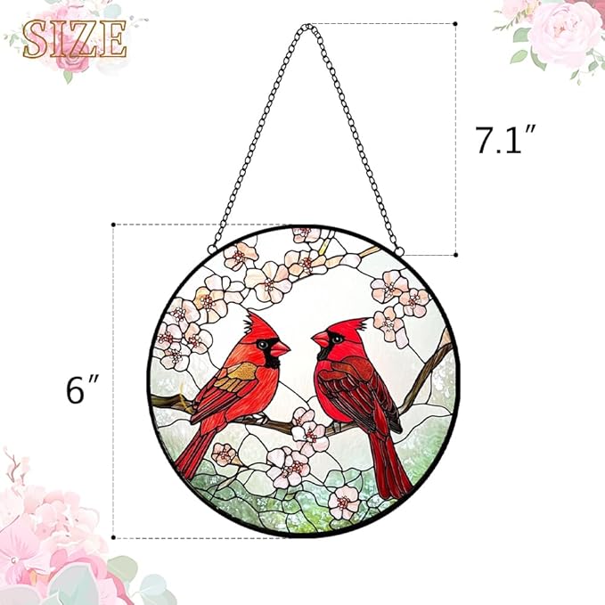 Cardinal Stained Glass Window Suncatcher Hanging - Red Birds Sun Catchers Handmade Cardinal Suncatchers for Home Garden Decor Panel - Memorial Sun Catcher Mother's Day Birthday Gifts for Mom Grandma