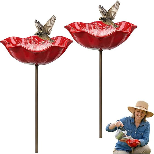 Handmade Metal Flower Garden Stake, Outdoor Bird Baths, Butterfly Water Feeder, Bee Watering Flowers Stake Station for Garden Lawn Yard Decor (2PCS)