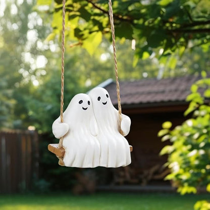Swing Ghost Couple Garden Statue Outdoor Halloween Decor, 3.1 Inch Cute Ghost Figurine Resin Sculpture Funny Tree Hanging Ornaments for Patio Lawn Yard