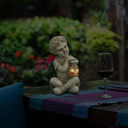 Yardwe Solar Lamp Sculpture Outdoor Garden Figurine Boy Statue Decor Solar Powered Landscape Lighting 3.5X3.5X7.2 Inches Weatherproof Lantern for Yard Patio