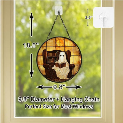 Stained Glass Window Hanging Halloween Ghost Reading Book 9.8in Sun Catchers Panel for Indoor Decorative Display for Mom Wife Lovers Festive
