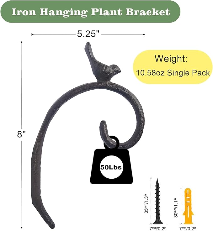 Z metnal Cast Iron Plant Hanger - 5.2 inch Little Bird Rustic Wall Mounted Hanging Basket Holder for Outdoor Garden, Patio, Porch Decor - Heavy Duty Metal Hook Bracket, 2 pcs