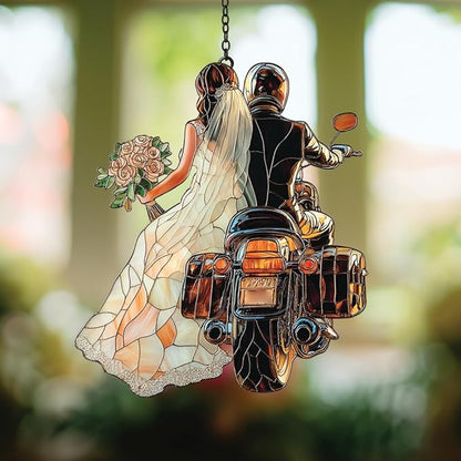 Bride & Groom On Motorcycle Acrylic Suncatcher - Faux Handmade Stained Glass Window Hanging Ornament for Display, Home Decor & Gift Idea for Family Bonding
