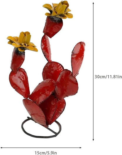 Metal Cactus Outdoor Decor - Metal Cactus Yard Art Iron - Desert Plants Statue for Outdoors - Handmade Cactus Rustic Artificial Cactus Sculpture for Garden Lawn Patio Balcony Backyard Decor (Red)