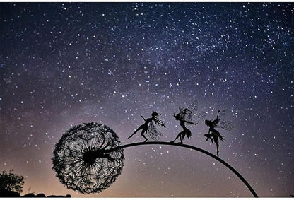 Fcteap Flower Fairy Dancing with Dandelion Garden Art Sculpture Stainless Steel Statue Christmas Halloween Decoration for Outdoor Yard Courtyard Lawn Patio Metal Ornaments (Three Persons)