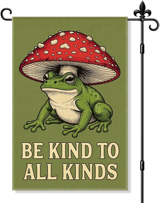 Be Kind To All Kinds Garden Flag Double Sided Yard Outdoor Decoration 12x18 Inch, Fun Frog Mushroom Outdoor Yard Garden Flag, Frog Mushroom Decor Home Banner, Gifts for Gardening Enthusiasts