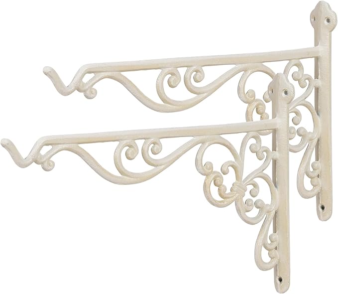Sungmor Decorative Cast Iron Hanging Bracket - 15.6" Thickened Outdoor Metal Plant Hangers, Vintage Scroll Design for Signs, Planters, Lanterns, Bird Feeders - 2 Pack Heavy Duty Wall Hooks, White