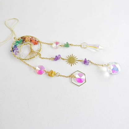 Crystal Sun Catcher, 7 Chakra Tree of Life Crystal Suncatcher Hanging for Indoor Window, Dream Catchers for Car, Spiritual, Rainbow Maker, Garden Home Decor